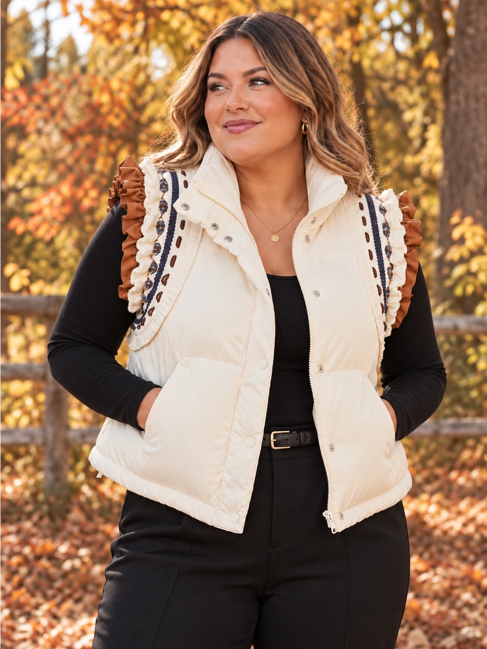“Heyson Ivory Puffer Vest with Ruffle Knit Trim | Plus Size